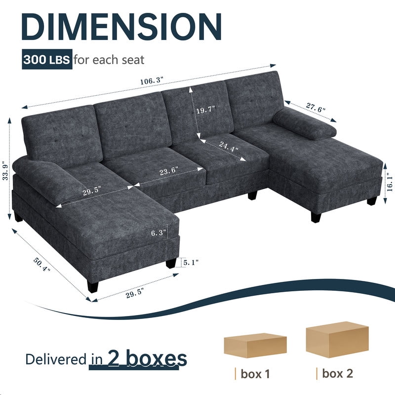 Walsunny U-Shaped Sectional Sofa Couch, 4 Seat U Shaped Oversized Clearance Sofa Set with Double Chaise for Living Room, Dark Gray