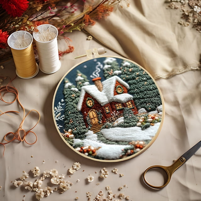 SnowVibe Christmas Forest Snow House Hand Embroidery DIY Kit - Handmade Fabric Material for Creative Needlework and Embroidery Projects