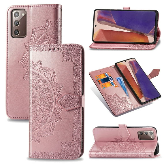 Galaxy Note 20 Case, Alltyech PU Leather Mandala Embossed Folding Stand Anti-scratch Folio Flip Credit Cards Slots Wallet Case Cover For Samsung Galaxy Note 20, Rosegold