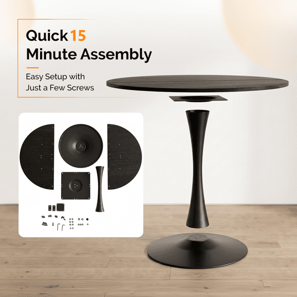 Round Tulip Dining Table, 39.4 Inch Dining Table for 4 People, Melamine Laminated MDF Tabletop with Metal Pedestal Base, Easy Assembly Kitchen Dinner Table for Dining Room, Home, Apartment, Black