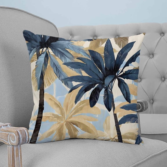 Navy Blue Palm Trees Throw Pillow Covers, Soft Pillowcases with Invisible Zipper, Vintage Summer Botanical Watercolor Square Pillow Cushion Covers for Living Room Couch Sofa Bed 16x16 Inches