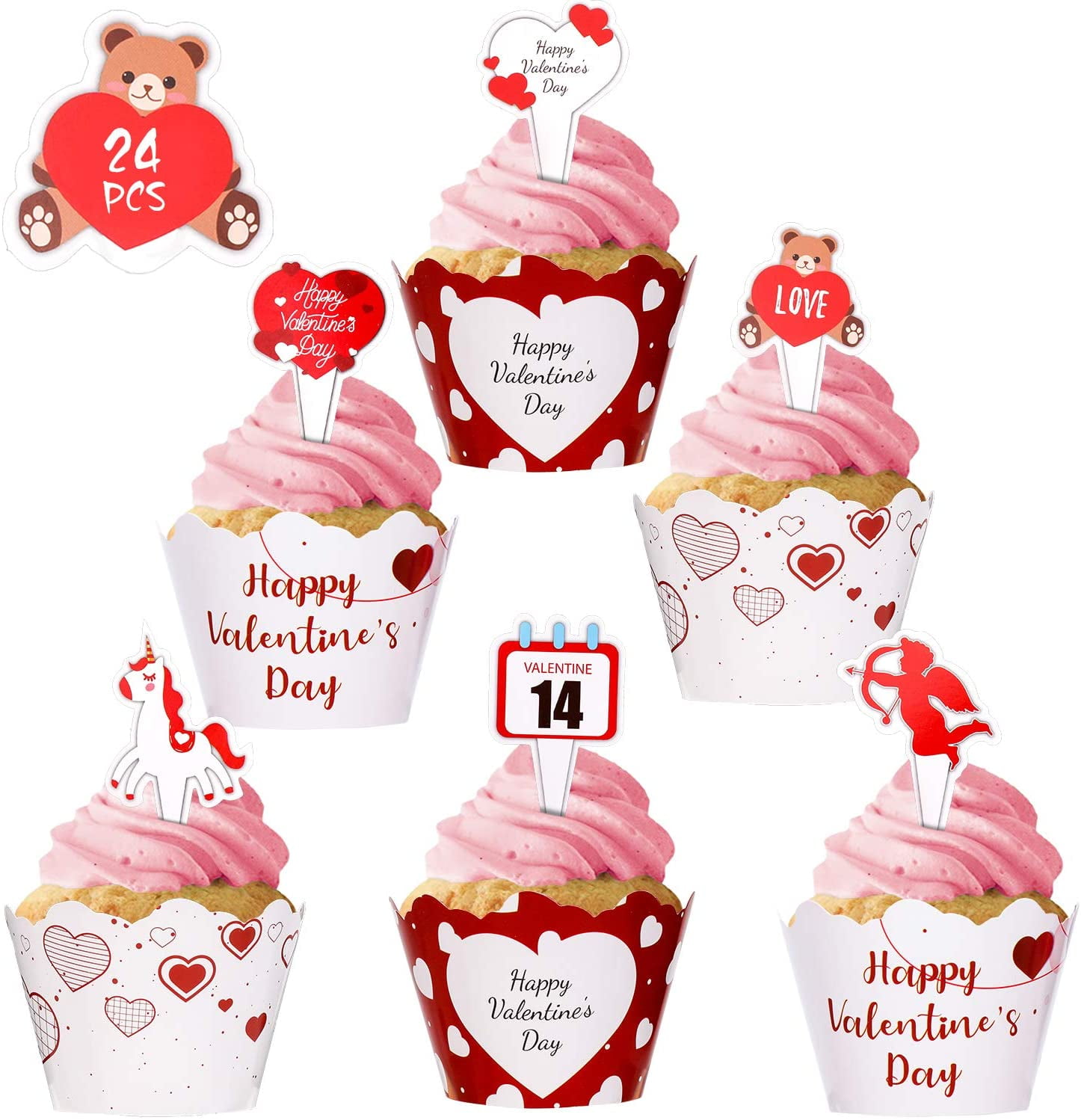 24 Cups and 24 Picks Valentines Day or Birthday Party Rainbow Cupcake Baking Liners and Heart Topper Picks 