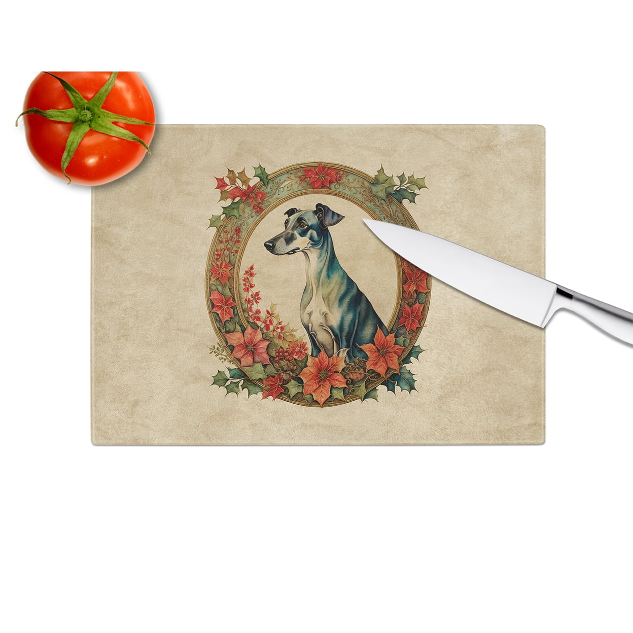 Greyhound Christmas Flowers Glass Cutting Board 12 in x 15 in