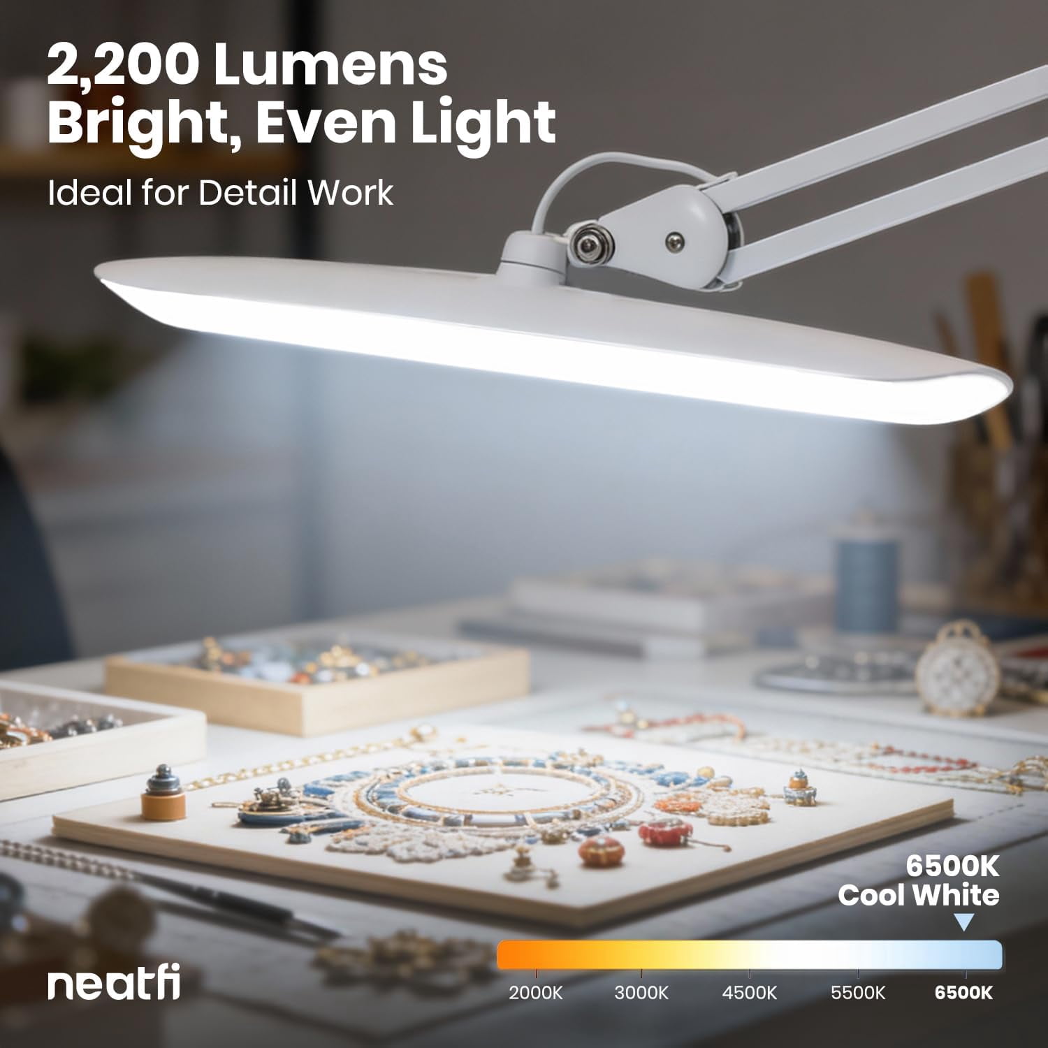 Neatfi Professional LED Task Lamp with Clamp, 2200 Lumens, 20-Inch Wide Head, Dimmable Work Light for Crafts, Sewing, Art, Home Office & Hobby Projects, White