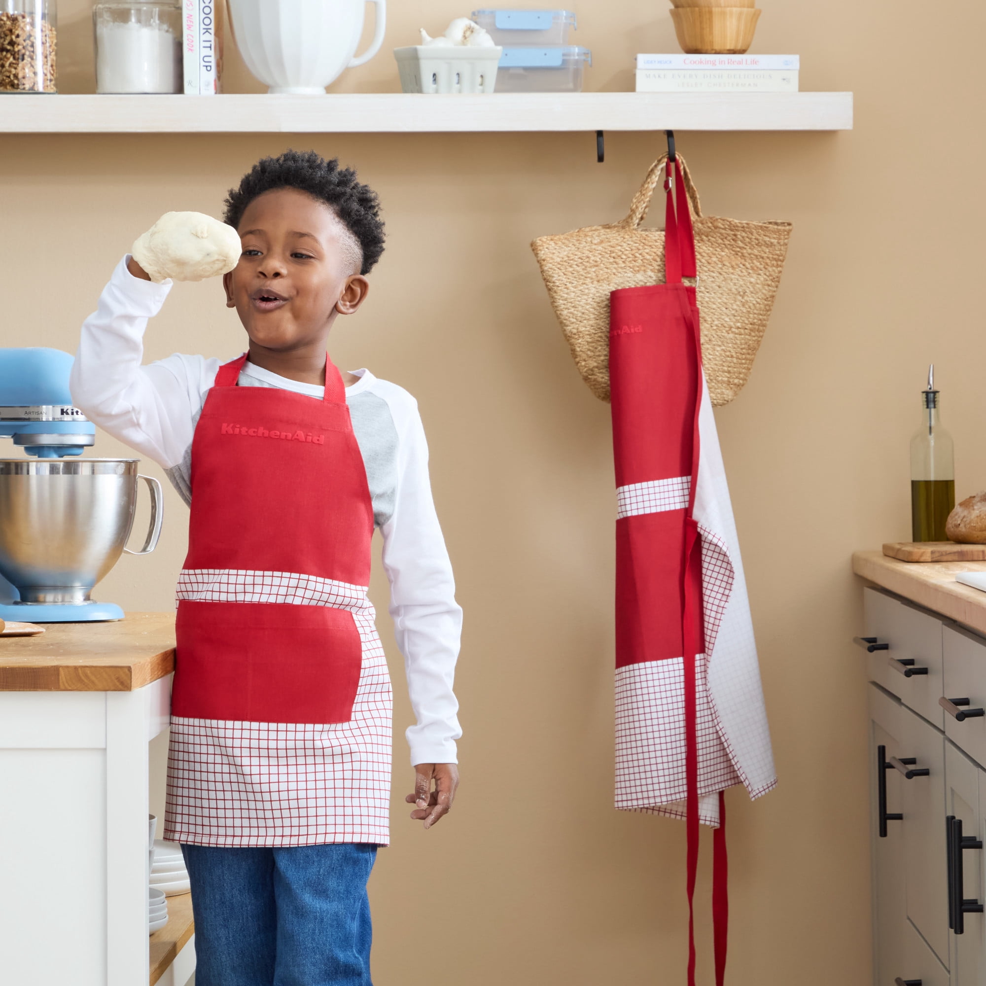 KITCHENAID Gourmet Series Gridlines Little Chef Apron, Water & Stain Resistant, Passion Red, Child-Sized 19"x20"