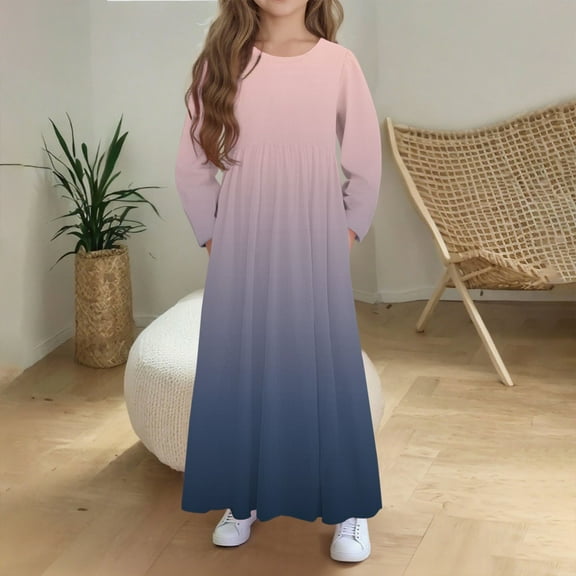 fnnxnal Big Girls 9-10T Navy Ombre Long Sleeve Maxi Dress - Smocked Waist, Side Pockets & Soft Stretch Polyester Spandex for Daily Wear & School