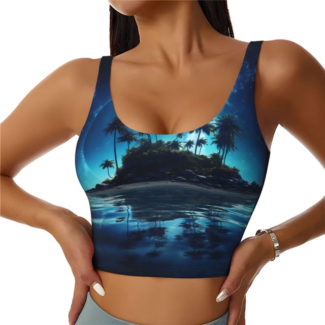 Fotbe Hawaiian Beach Pirate Moon Sujetador Deportivo Largo sin Aros para Mujer con Almohadillas y Soporte Medio, Transpirable y Absorbente, Camiseta Tipo Chaleco o Tank Top-Medium