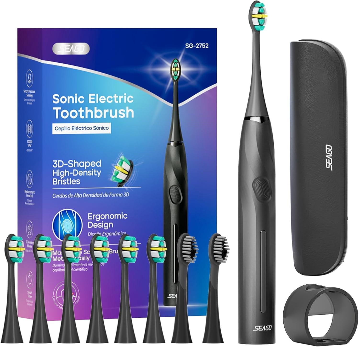 Seago Electric Toothbrush for Adult,Seamless Design,8 Brush Heads,Travel Case and Hold,Black SG2752