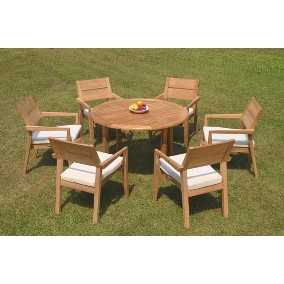 Grade-A Teak Dining Set: 6 Seater 7 Pc: 48" Round Table And 6 Vellore Stacking Arm Chairs Outdoor Patio WholesaleTeak #WMDSWVm