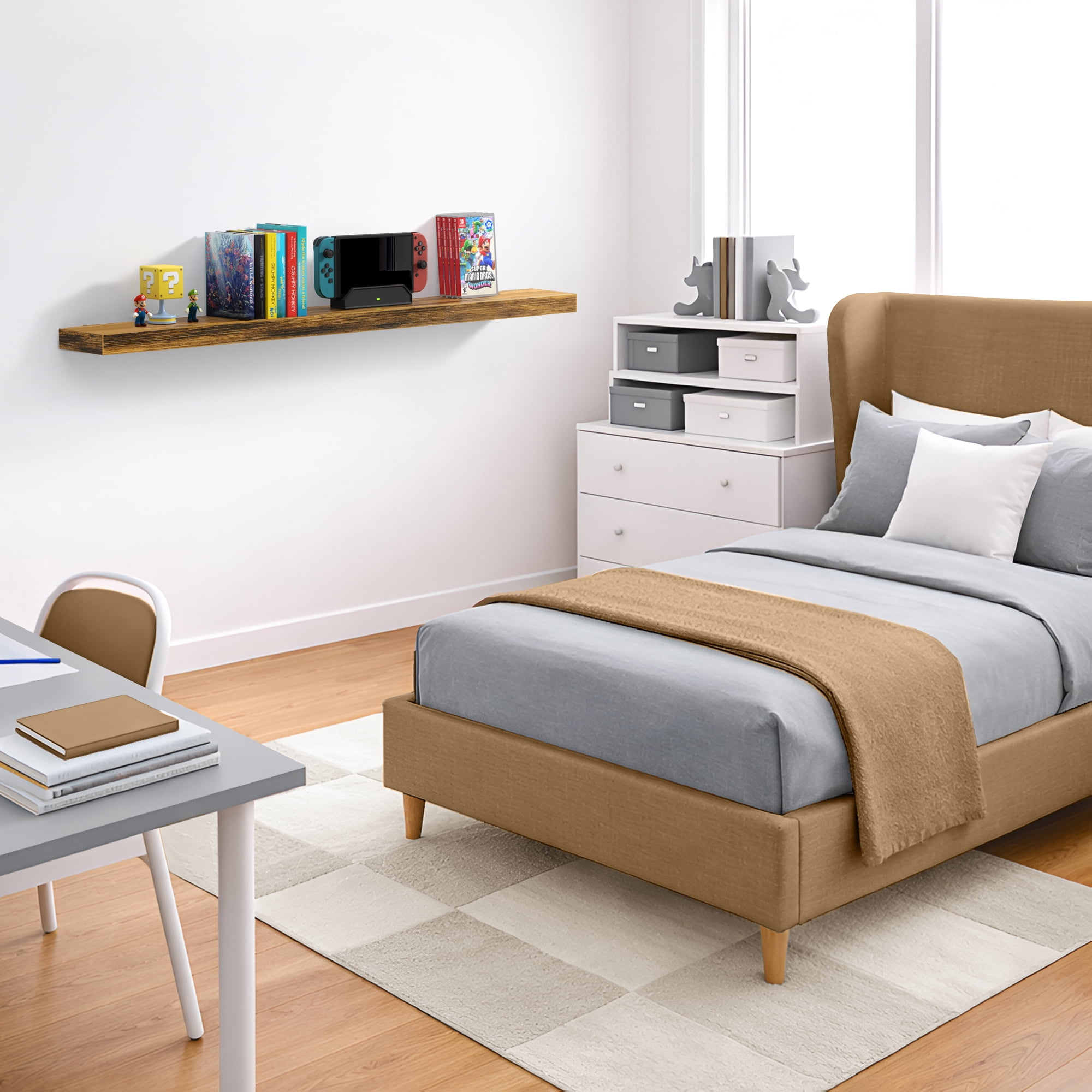 Sorbus 55" Floating Wall Shelf, Brown, Invisible Brackets, Bathroom, Bedroom & Home Decor