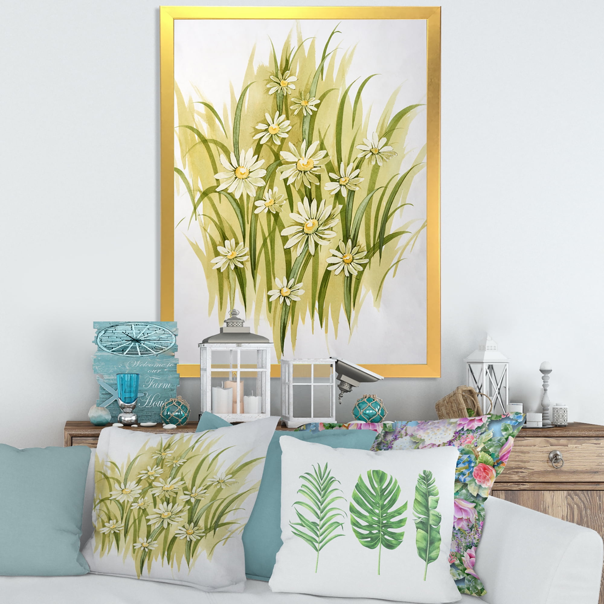 Designart 'Abstract White Meadow Flowers' Traditional Framed Art Print