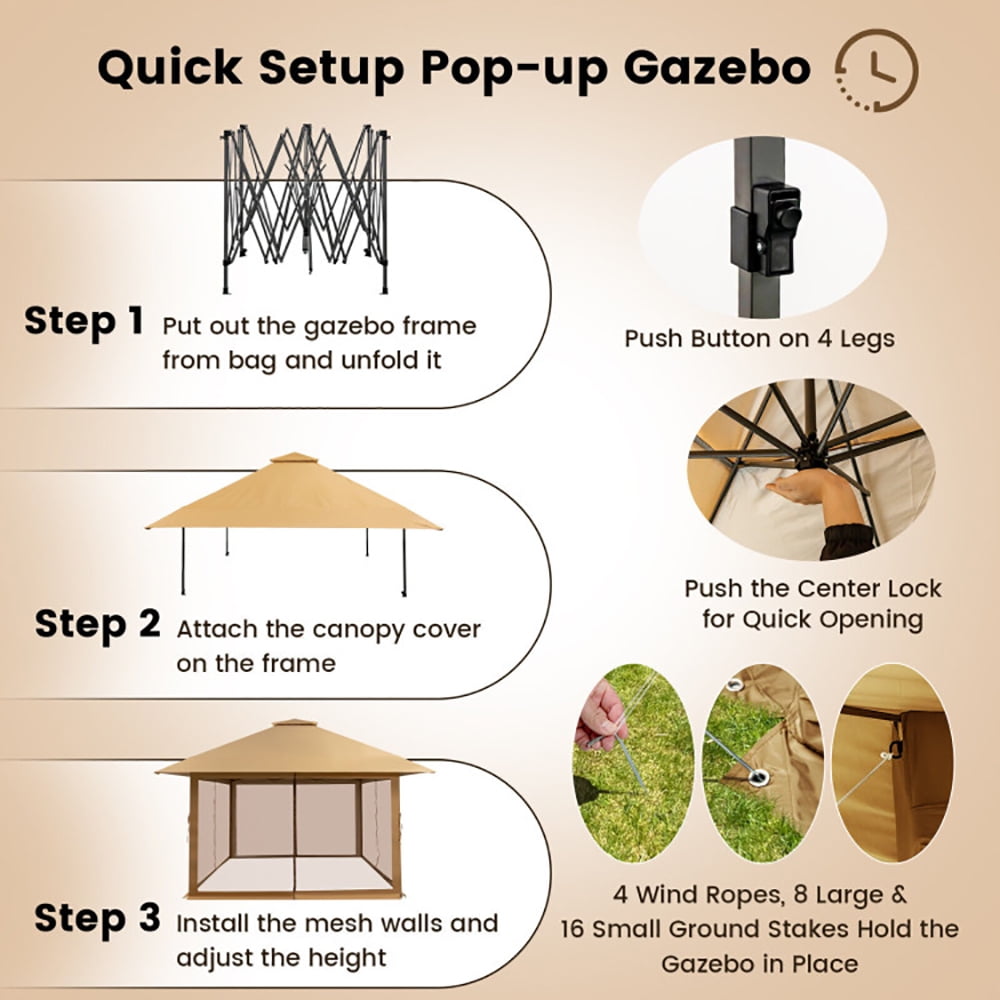 Aimee Lii 13 x 13 Feet Pop-up Instant Canopy Tent with Mesh Sidewall, Backyard Canopy Gazebo for Party Camping BBQ Events, Coffee