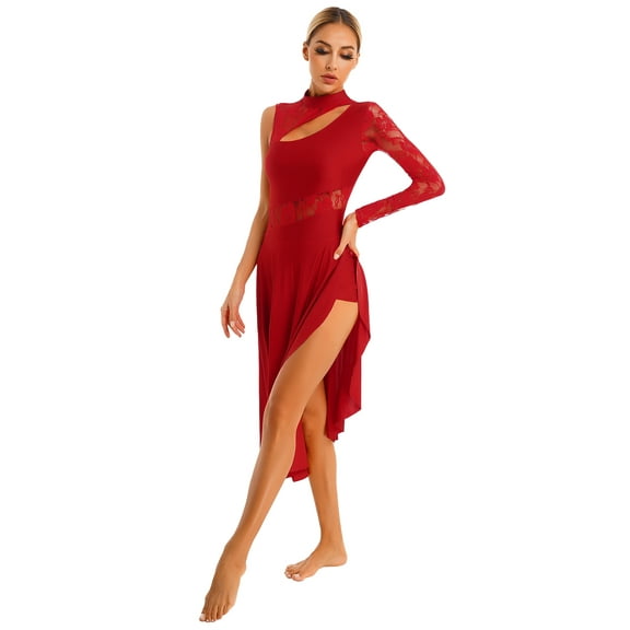 YiZYiF Womens Modern Lyrical Dance Dress Waltz Costume One Shoulder Long Sleeve Sheer Lace Leotard Dress