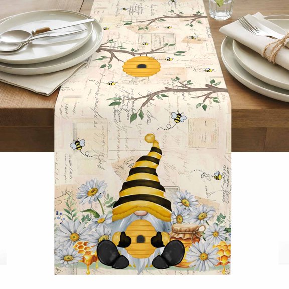Yellow Gnomes Table Runner - 120 Inch Long, Kitchen Dining Table Runner Dresser Scarves, Spring Floral Bees Daisy Branches Watercolor Farmhouse Decor for Coffee Tables Wedding Party Banquet