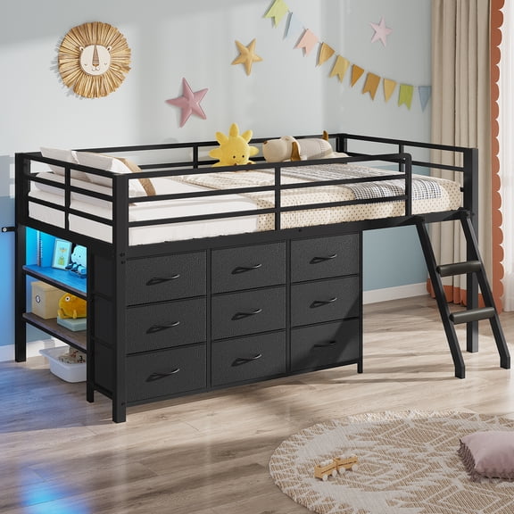 Toogaho Low Loft Bed Twin Size with 6 Storage Drawer and 2 Shelf,Metal Floor Bunk Bed Frame with LED Light and 14"H Safety Guardrail,Black