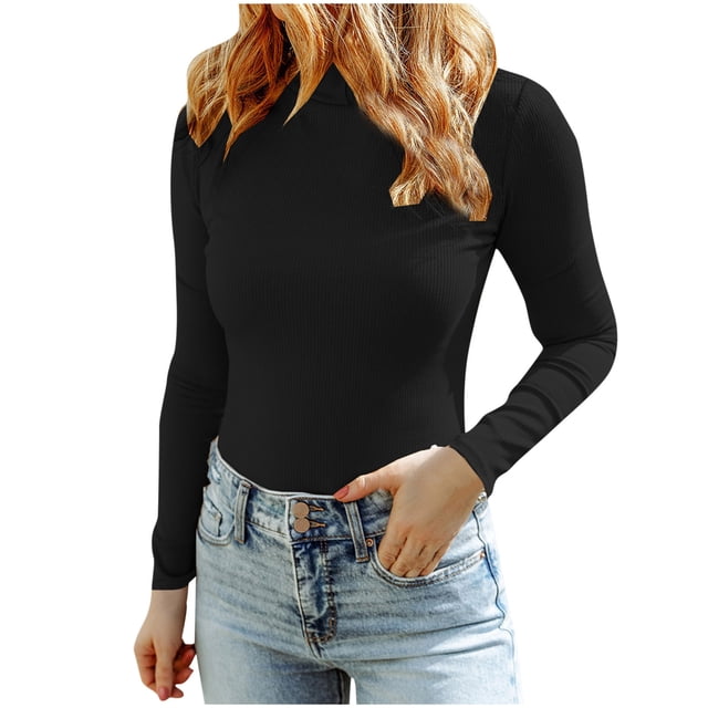 Yuyuzo Hauts Basiques Côtelés pour Femmes Col Roulé Manches Longues Extensible Ajusté Chandail Blouse Tenue Quotidienne sous-Maillots