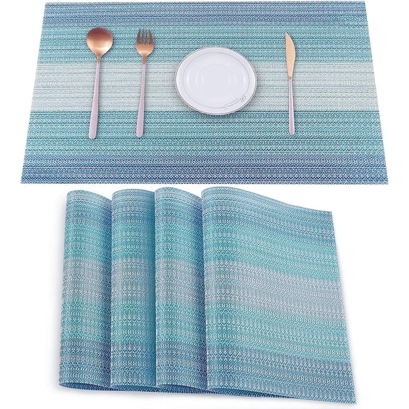 EVNELE Placemats Set of 4, Woven Vinyl Placemats, Heat-Resistant Non-Slip Washable PVC Table Mats for Dining Table, Easy to Clean, Blue, 12x18 Inch