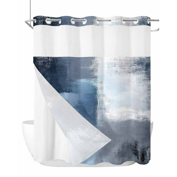 No Hook Cloth Fabric Shower Curtain with Snap in Liner, Navy Blue Grey Waterproof Shower Curtains Set with See Through Top Window, Modern Ombre Oil Painted Abstract Art Bath Curtains Shower 72"x78"