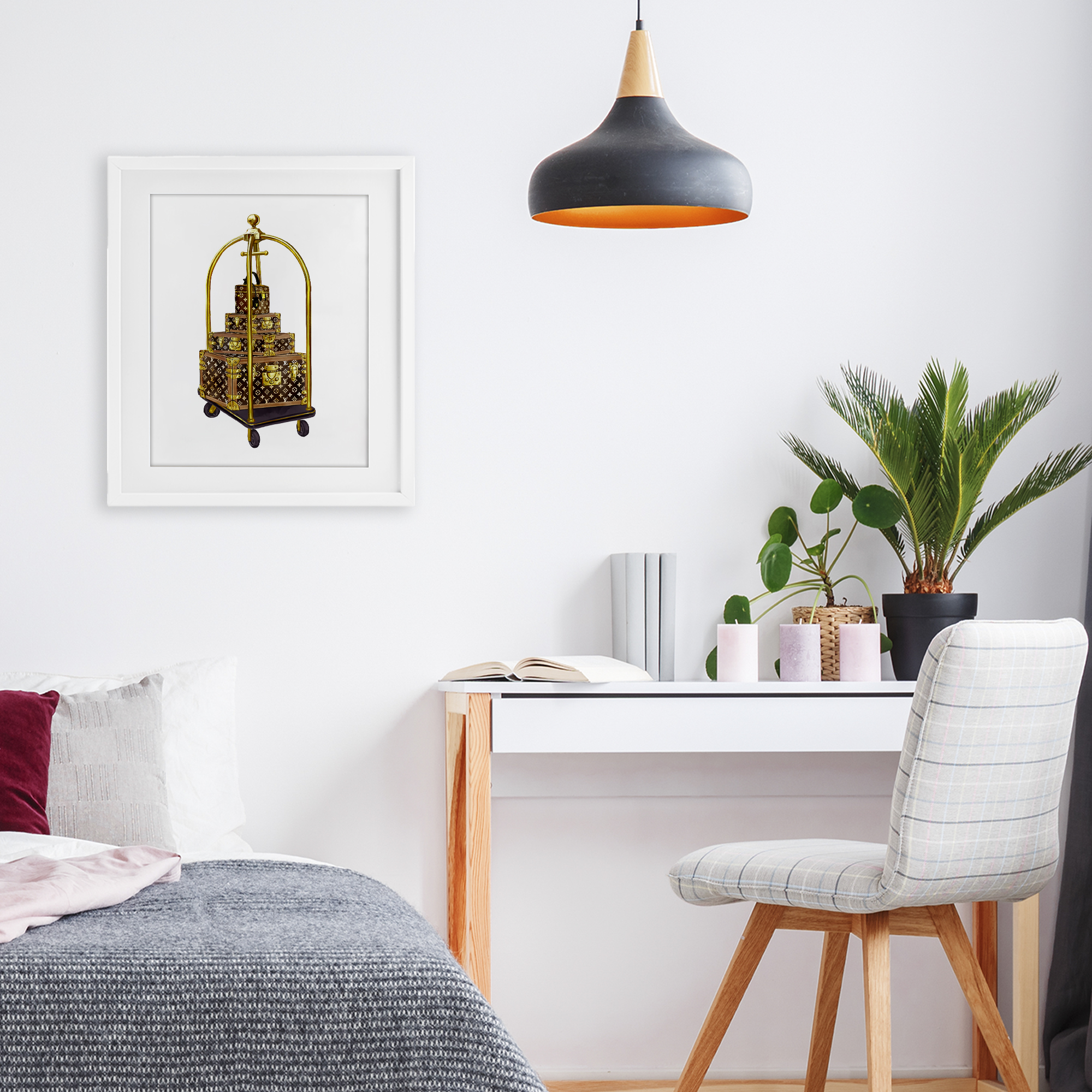 Glam Hotel Luggage White Framed Print Under Glass, design by Ziwei Li