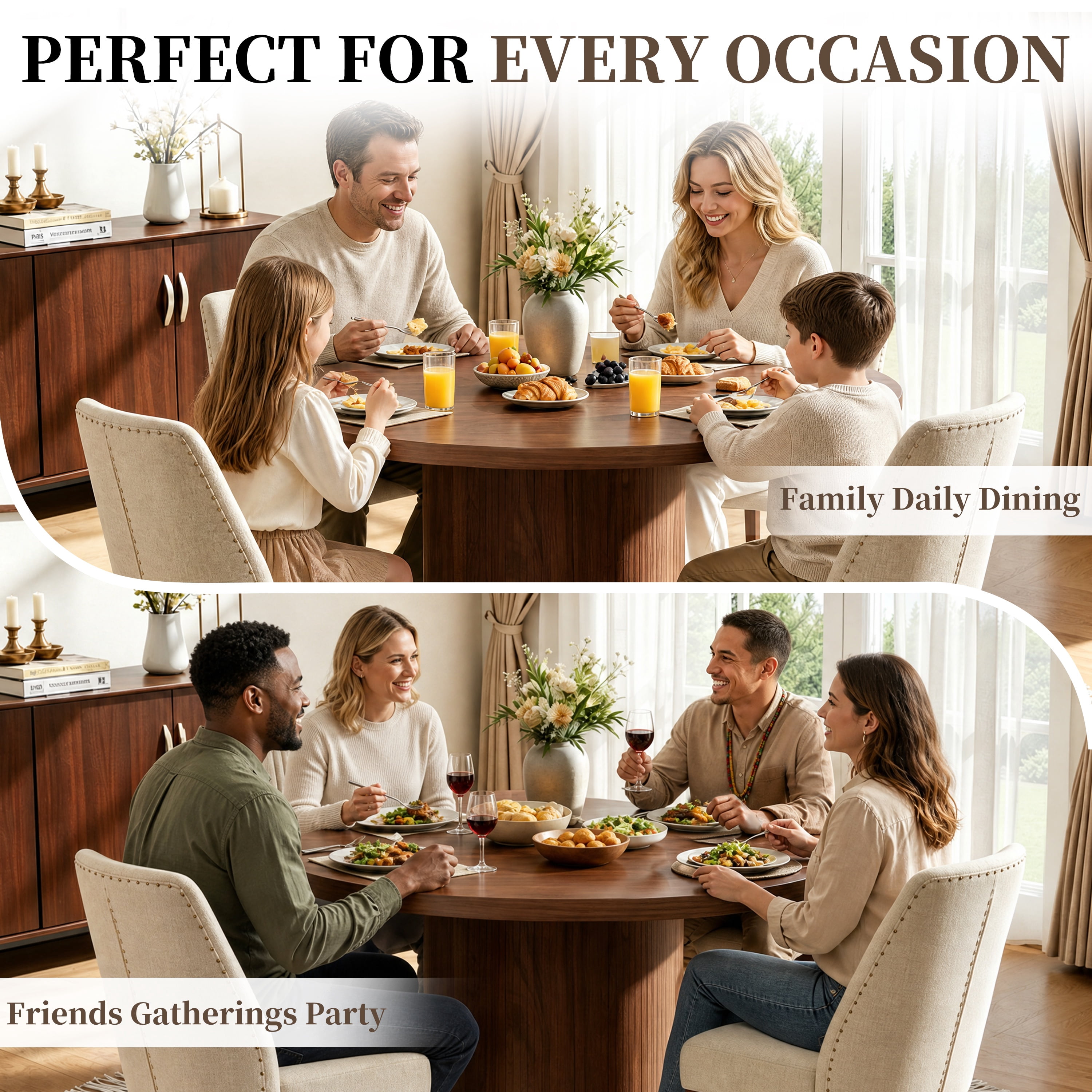 47" Dining Table, LEGAHOME Round Kitchen Table for 4, Wooden Circle Pedestal Table for Dining Room with 1.1in Thickness Tabletop, Walnut(Only Table)