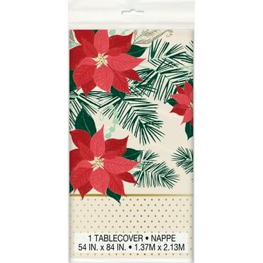 Red and Gold Poinsettia Christmas Plastic Table Cover, 84 x 54in