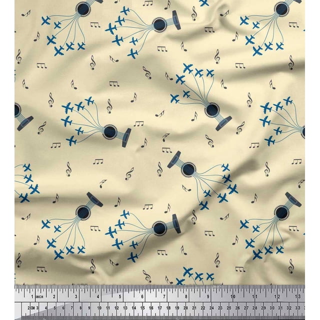 Soimoi Satin Silk Fabric Airplane,Guitar Wire & Notes Musical Instrument Printed Craft Fabric by The Yard 42 Inch Wide