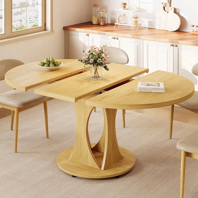 Virans 43.3"-59" Extendable Round Dining Table for 6-8,Kitchen Dining Table with Double Curved Base & Back Panel Buckle Top,Modern Circle Dinner Table for Kitchens,Dining Rooms,Living Rooms,Natrual