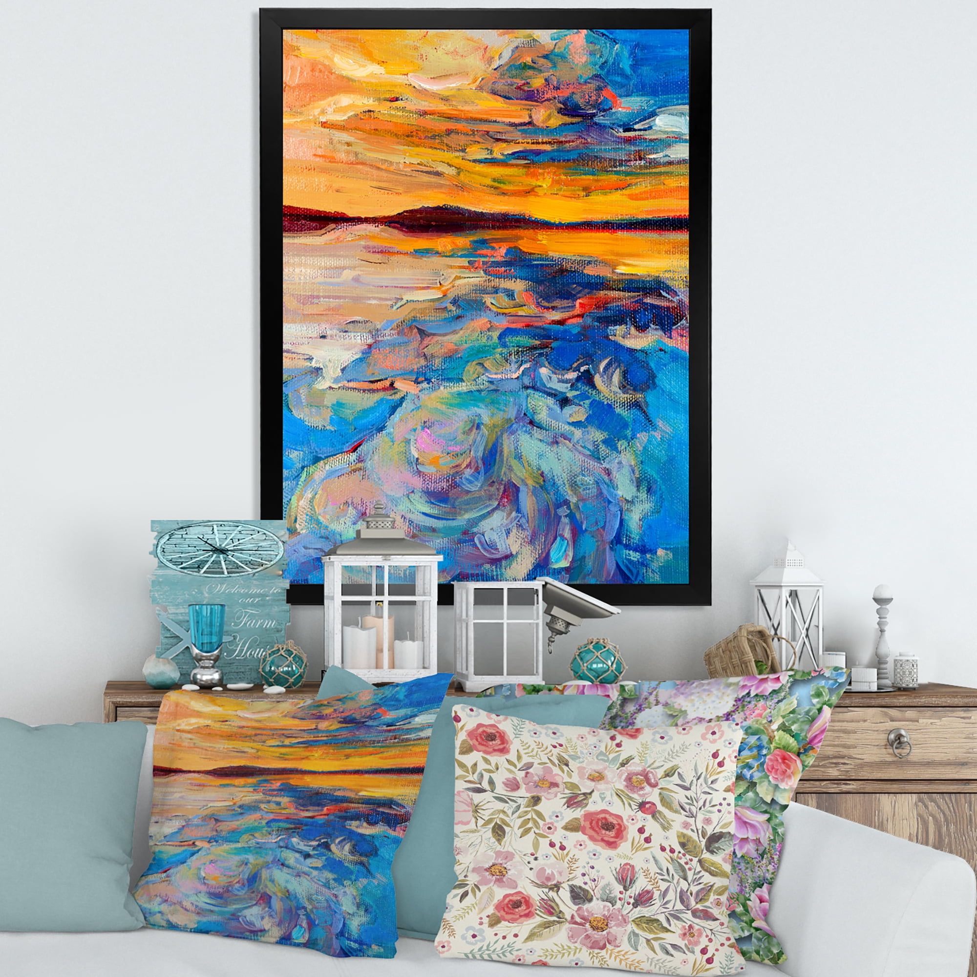 Designart 'Whirly Blue Waves Under Orange Sunset' Nautical & Coastal Framed Art Print