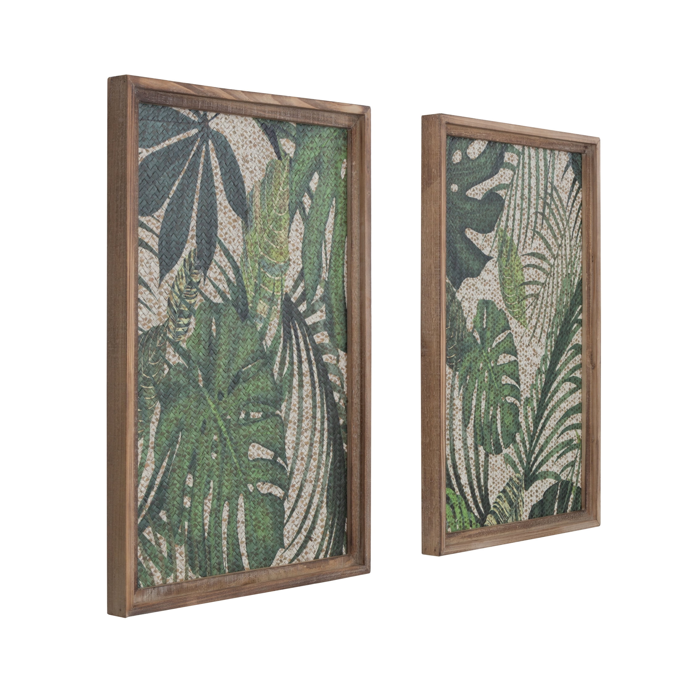 DecMode Green Wood Tropical Leaf Wall Decor with Brown Frame (2 Count)