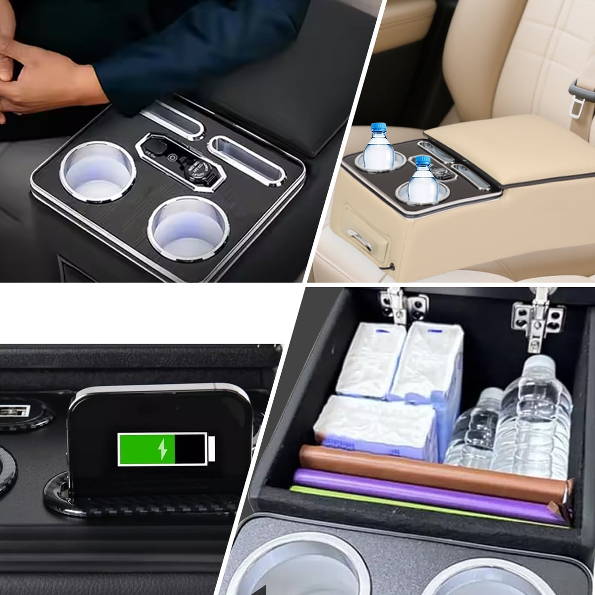 Universal Center Console, Bench Rear Seat Armrest Organizer with Fast Phone Charging & Upgraded 7-Color Adjustable LED Lighting, Truck Center Console Storage Box with Cup & Phone Holders(Beige)