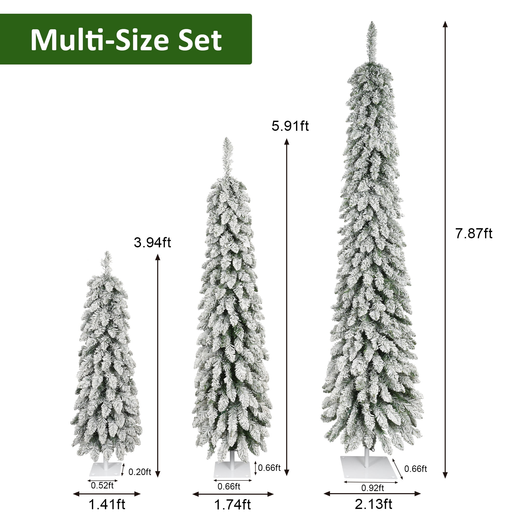 Set of 3 Snow Flocked Pre-Lit Pencil Christmas Tree, Slim Artificial Xmas Tree with Warm White LED Lights, Metal Base, Indoor Holiday Decor