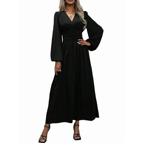 Women'S Spring Sleeve High Split Casual Loose V-Neck Waist A-Line Flowy Swing Maxi Length Dresses Black XXL