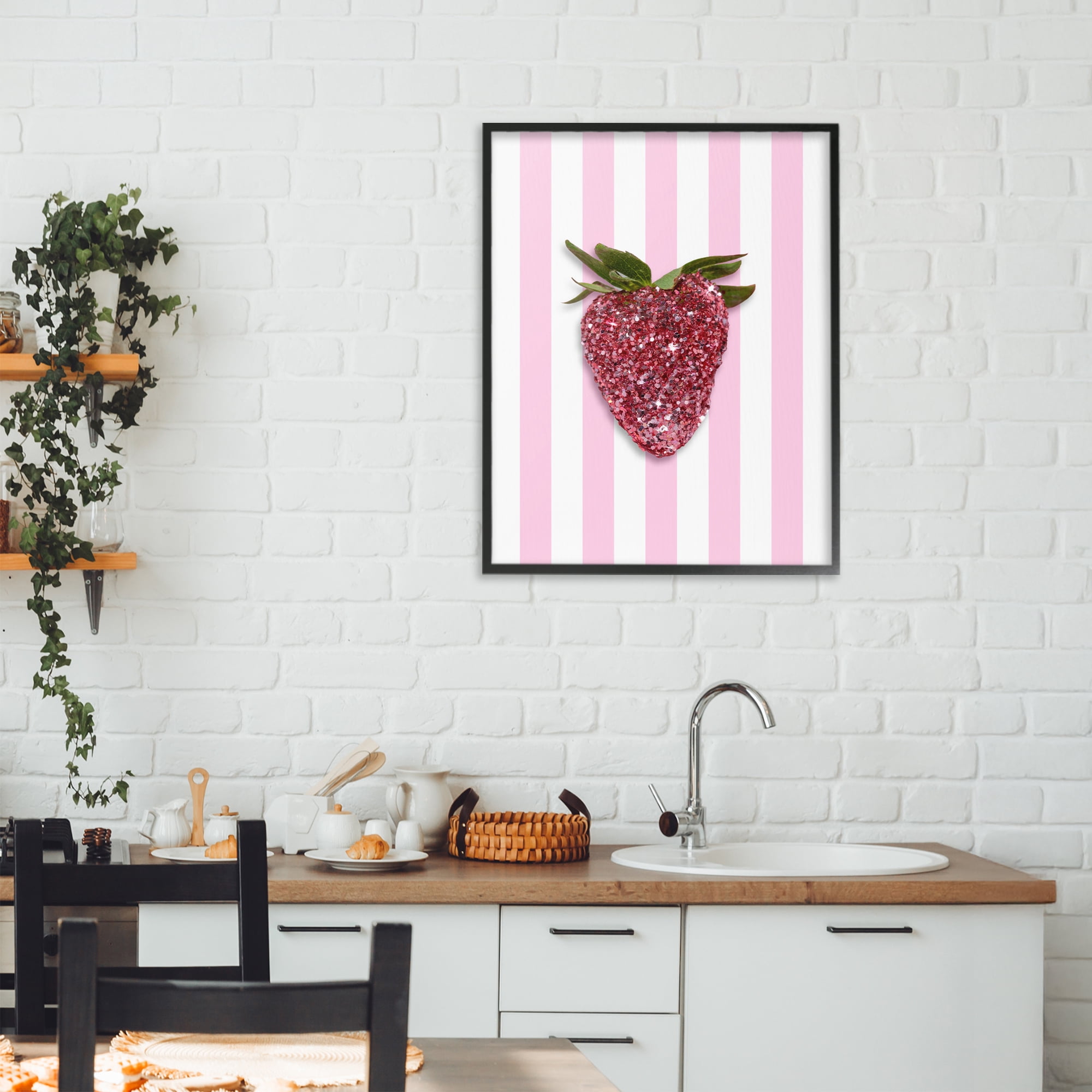 Stupell Industries Glimmer Strawberry on Green Stripes Black Framed Giclee Art, design by LISH Creative