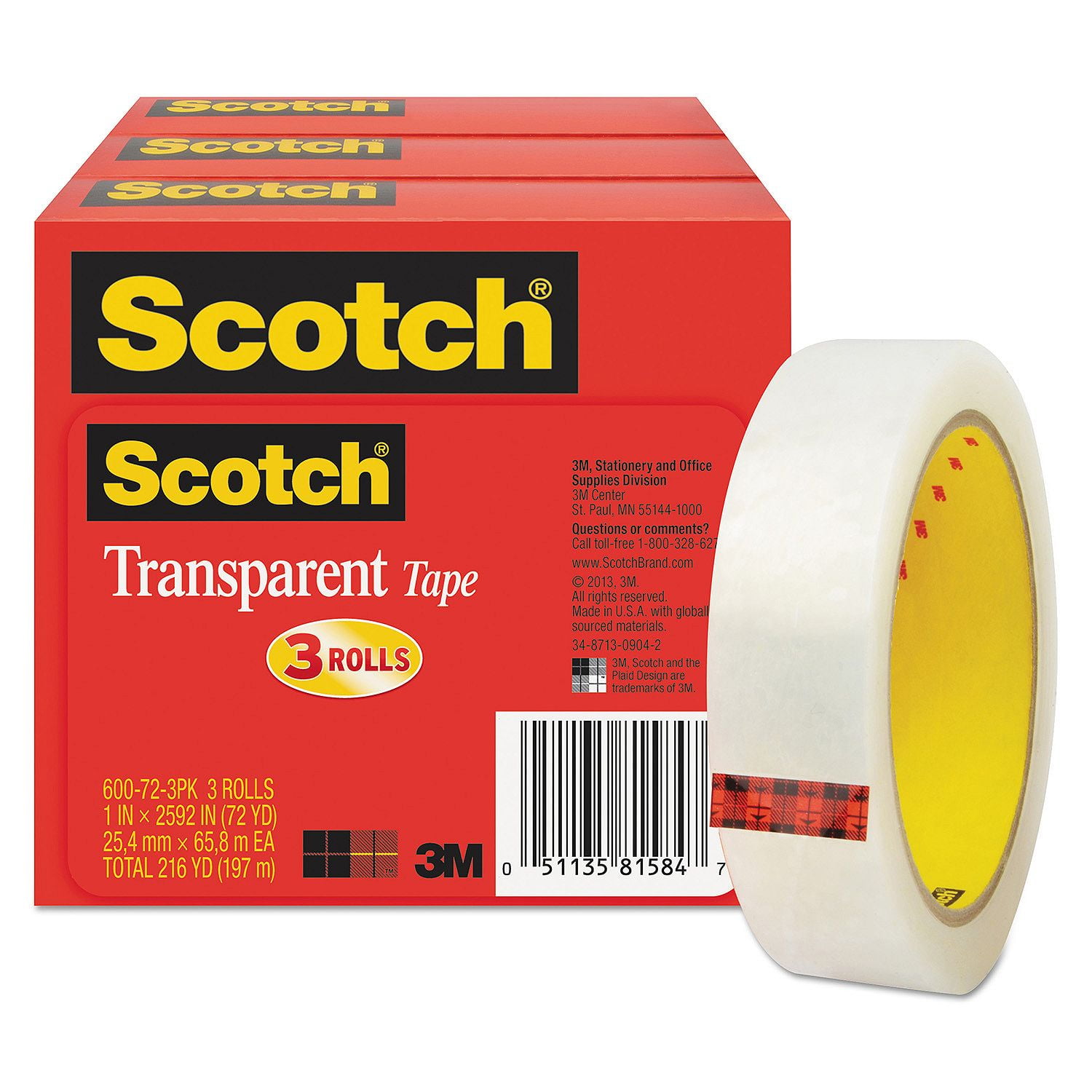 Scotch® Light Duty Packaging Tape 600 Clear High Clarity 1/2 x 72 yd 