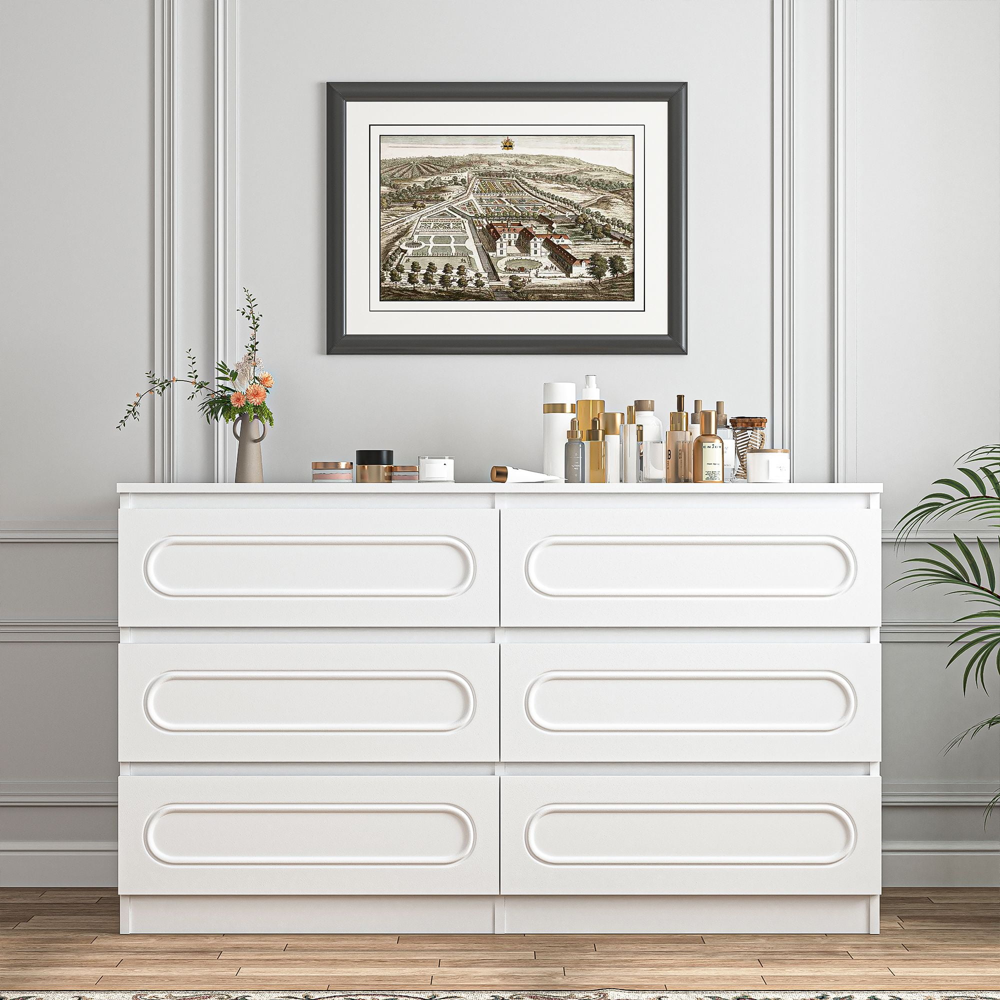 Demi Bonn 6-Drawer Double Dresser for Bedroom, 47" Chest of Drawers with Hidden Handle Wood Oval Pattern Drawer Fronts, Modern Bedroom Furniture, White