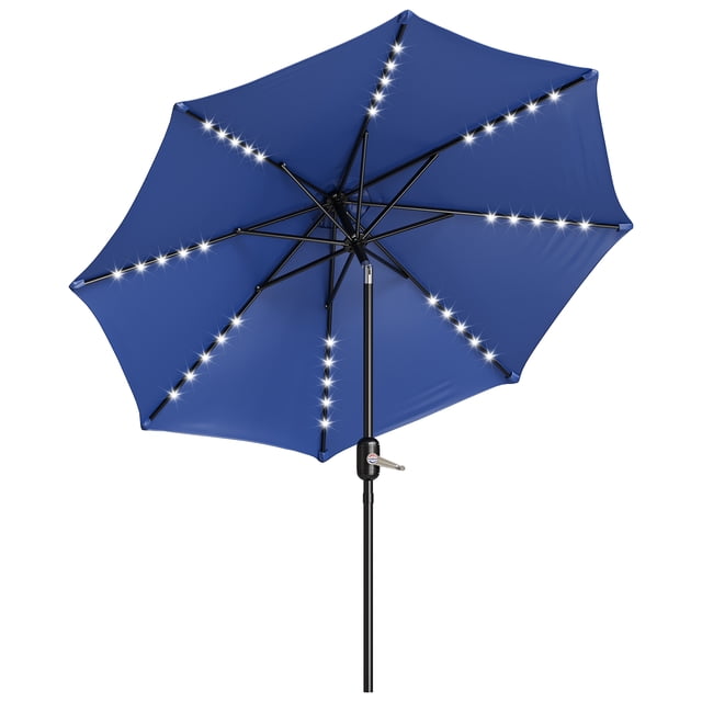 Garvee 10ft Solar LED Patio Umbrella,32 Lights,8 Sturdy Ribs,Crank Lift & Push Button Tilt,Navy Blue