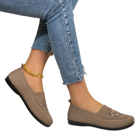 Gpaecead Women's Embroidered Knit Flat Loafers Slip On Cushioned Lightweight Non Slip Shoes For Commute And Comfort, Brown