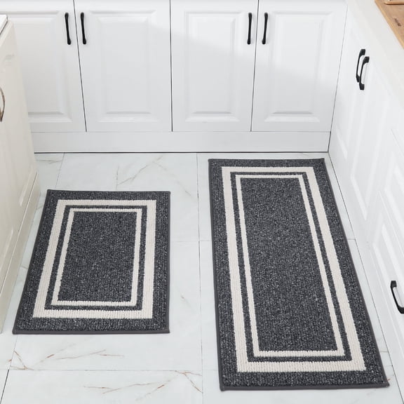 FloorHug Kitchen Rugs and Mats 2 Pieces, 20"x48" 20"x30", Stain-Resistant and Absorbent Kitchen Mats Non-Slip, Machine Washable Kitchen Floor Mat, Rugs for Kitchen, Floor and Home, Grey