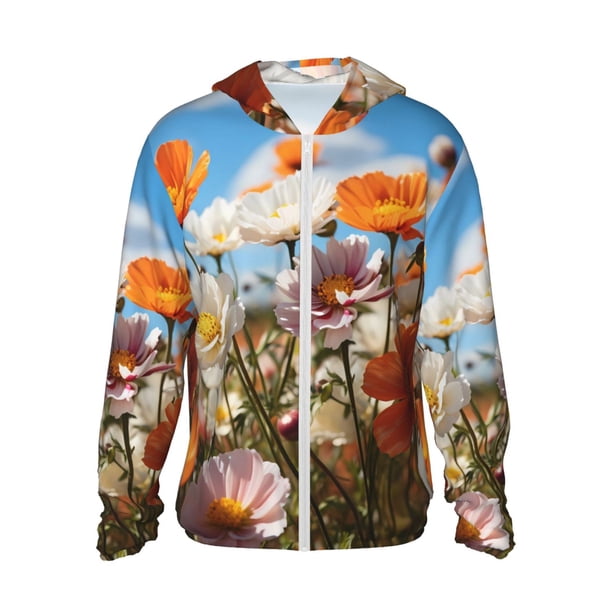 Fotbe Vibrant Field Of Blossoms Chaqueta con Protección Solar UPF 50+ para Hombre y Mujer, Camisa con Capucha y Bolsillos-3X-Large