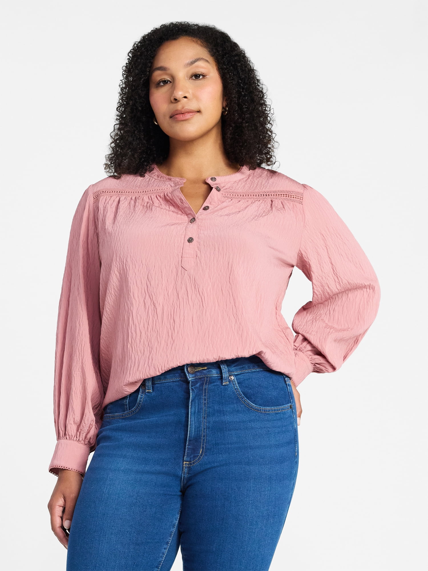 Time and Tru Women's Lace Yoke Half Button Shirt with Long Sleeves Sizes XS-XXXL