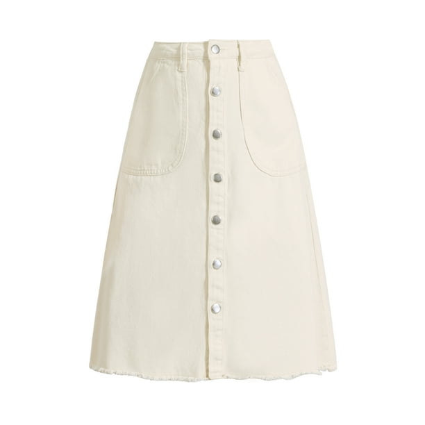 Falda de mezclilla para mujer INSPIRE CHIC con dobladillo sin terminar, botones, corte A, midi, color beige