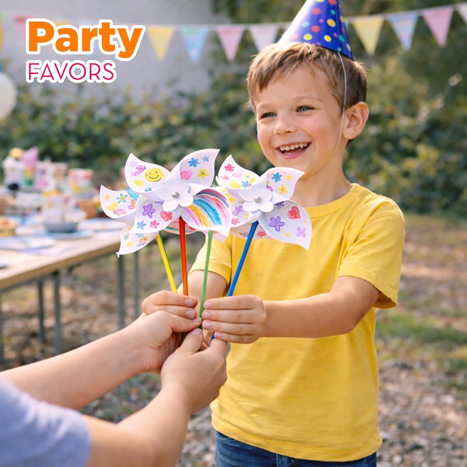 4E's Novelty 24 Pack DIY Pinwheels Craft for Kids, Bulk Summer Pinwheel Craft Kit, Colour Your Own Paper Windmill