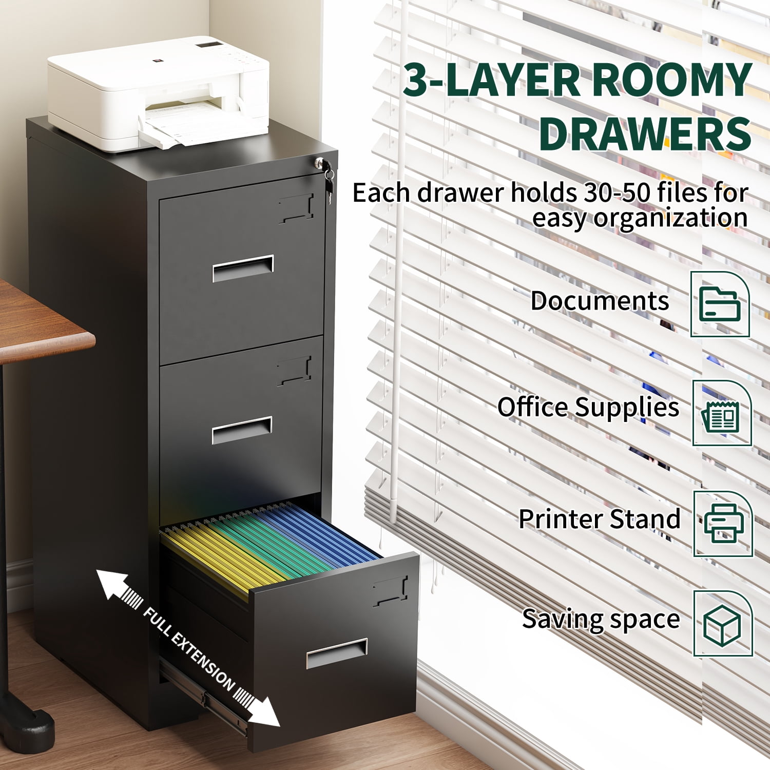 IKIMI 3 Drawer File Cabinet - Metal Vertical Filing Cabinet with Ample Storage, Easy Assembly for Home Office/Study, Storage for Letter/Legal/A4 File, Assembly required-Black