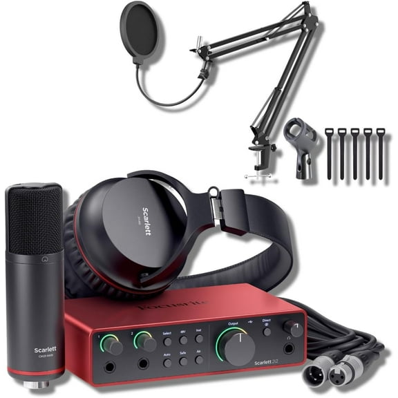 Focusrite Scarlett 2i2 Studio 4th Gen USB Audio Interface Boom Arm Mic Stand Desktop Mount Detachable Clip XLR Cable Microphone Pop Filter Cable Ties
