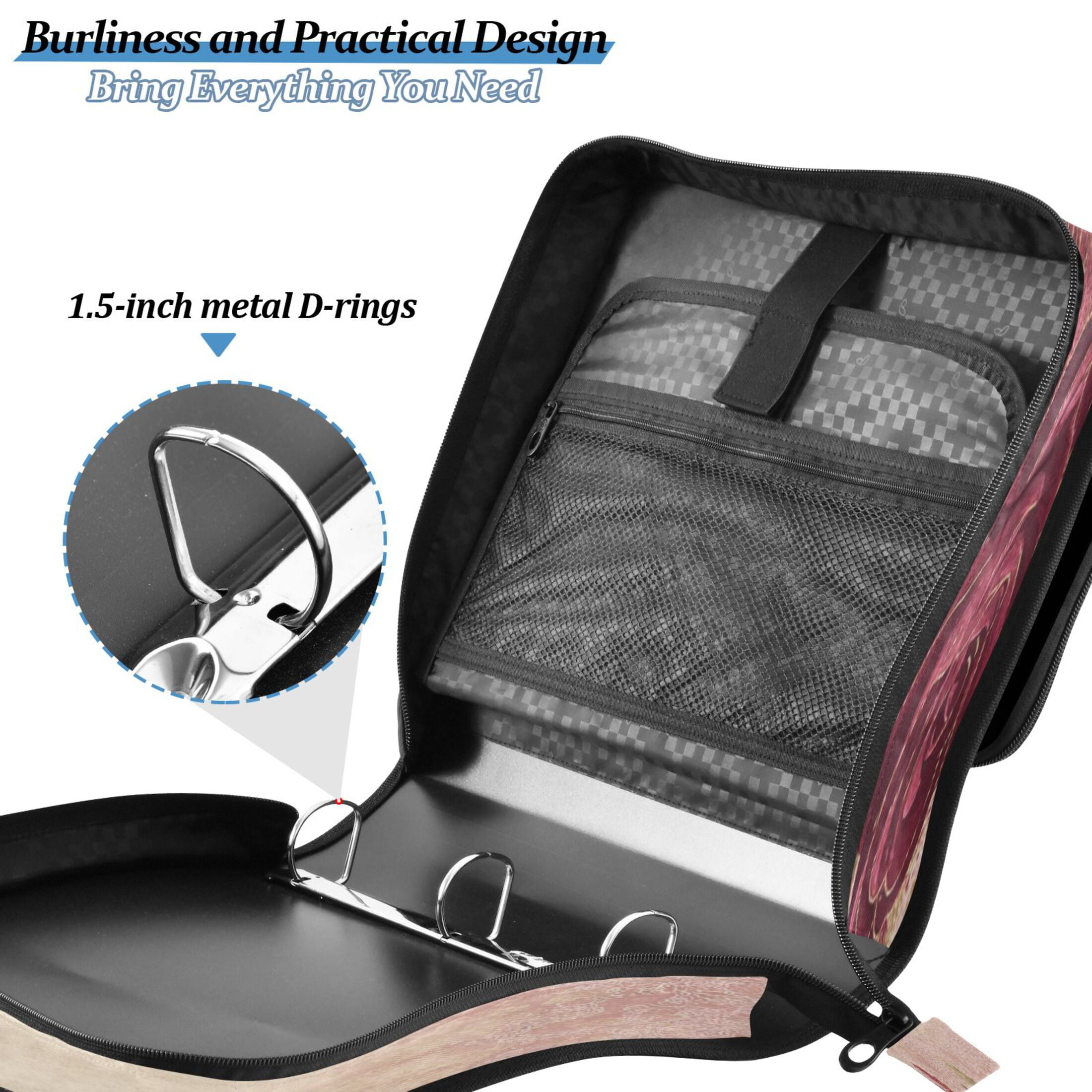 Water-Resistant 3-Ring Binder Organizer with Multiple Pockets Zipper Binder Bag for Office Roses and Leaves