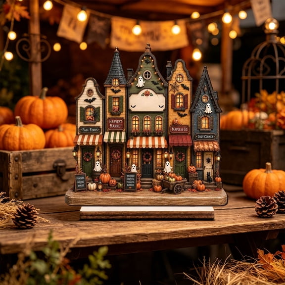Halloween Wooden Village Decoration, Rustic Tabletop Ornament, Vintage Haunted House for Mantel Shelf Tray Home