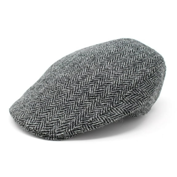 Hanna Hats Donegal Touring Harris Scottish Tweed Cap 100% Wool Vintage Flat Hat for Men Made in Ireland | Gray Herringbone