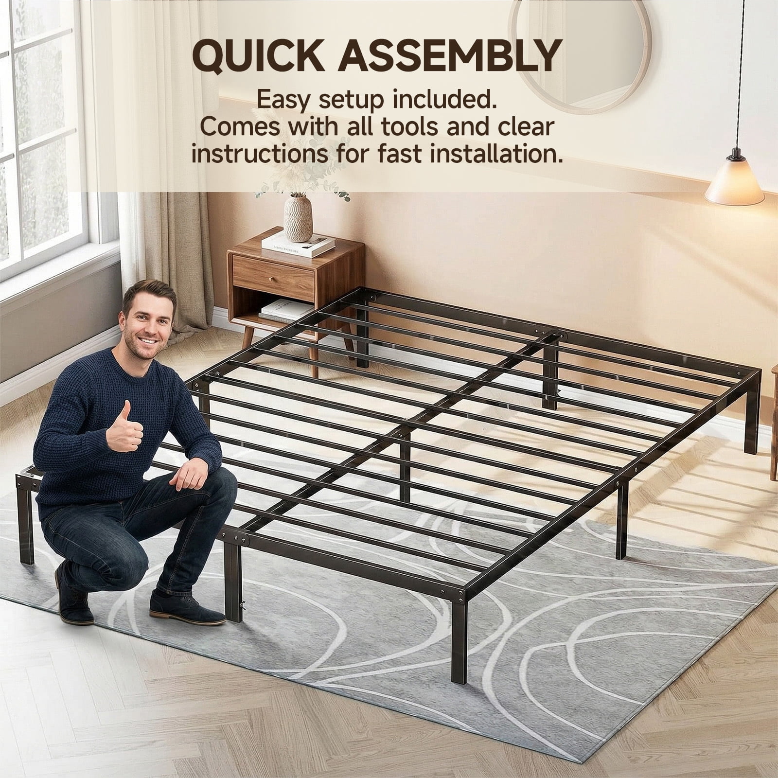Alvantor Heavy Duty Metal Bed Frame with Storage, Steel Slat Support,Black,Queen