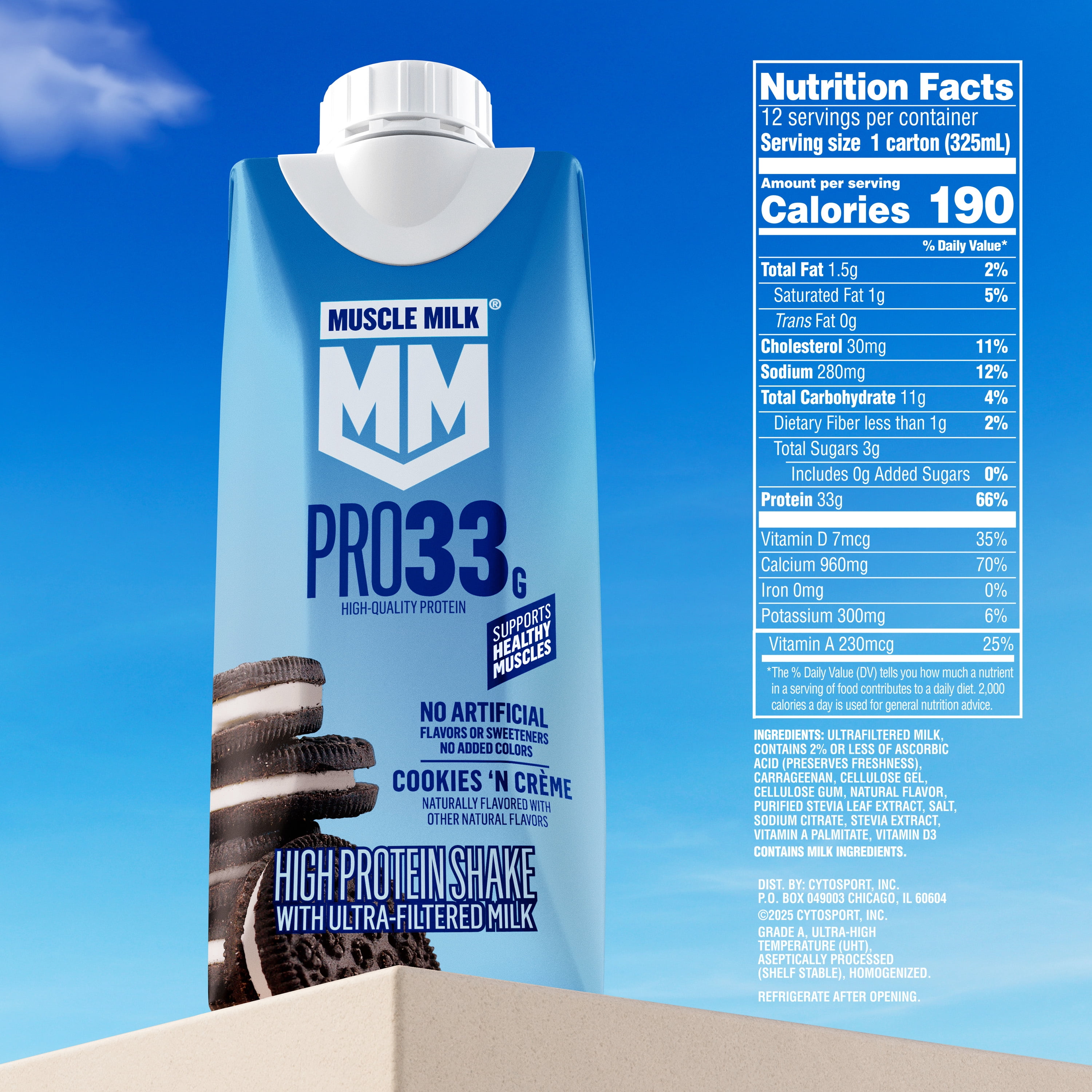 Muscle Milk Pro 33g High Protein Shake Ultra Filtered Milk, Cookies 'N Crème, 11 fl oz, 12 pack