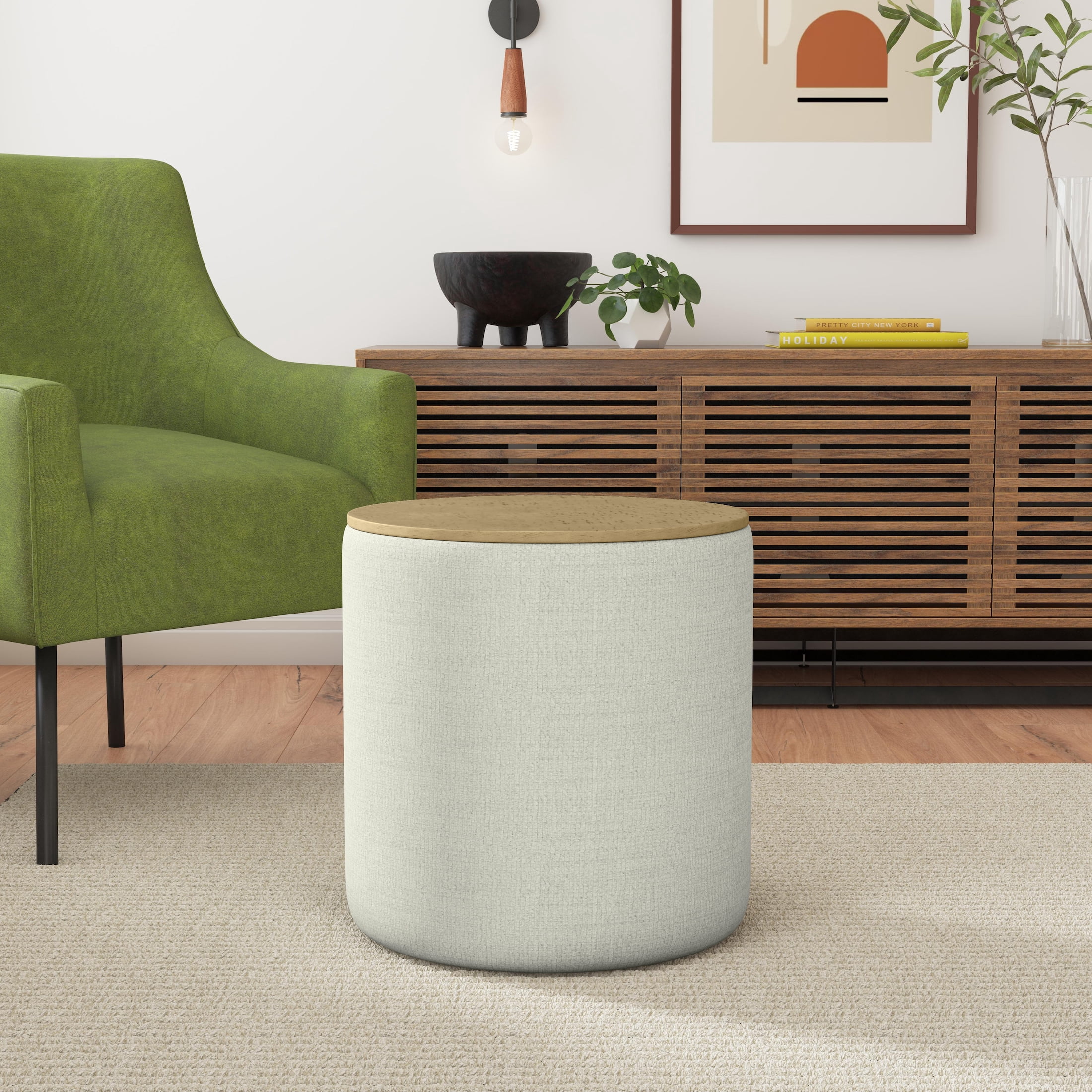 Storage Small Round Storage Ottoman with Wood Lift-Top Lid, Light Gray/Natural